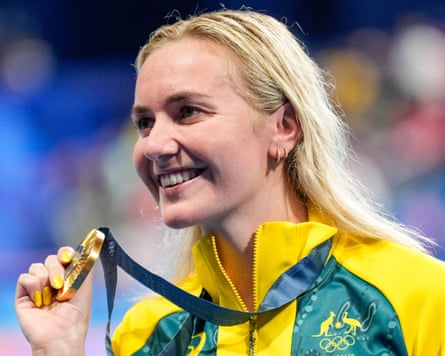 Ariarne Titmus with one of her many gold medals.