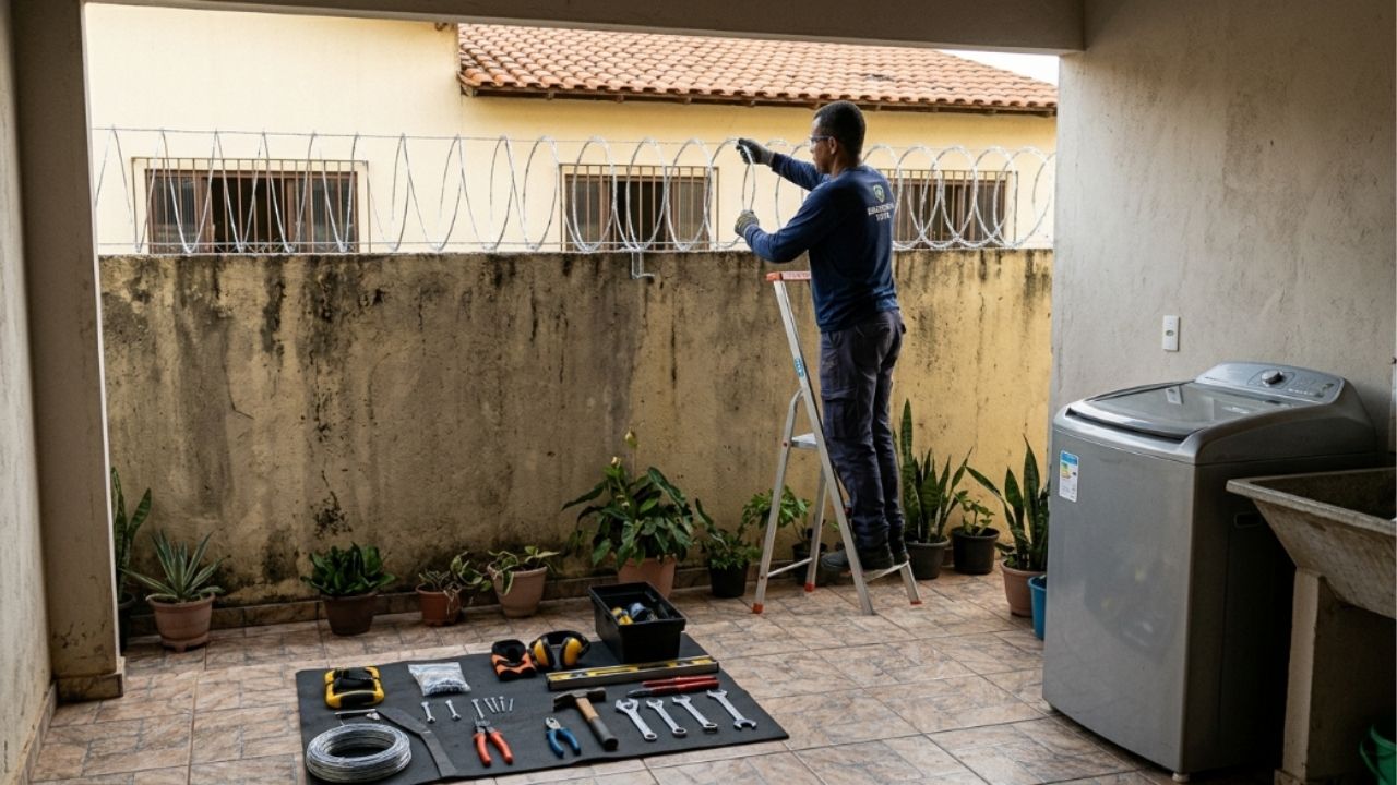 Casal instala concertina sobre o muro compartilhado e vizinho mede 22 centímetros de lâmina invadindo o quintal: até onde vai o direito de proteger a própria casa quando o muro é de dois