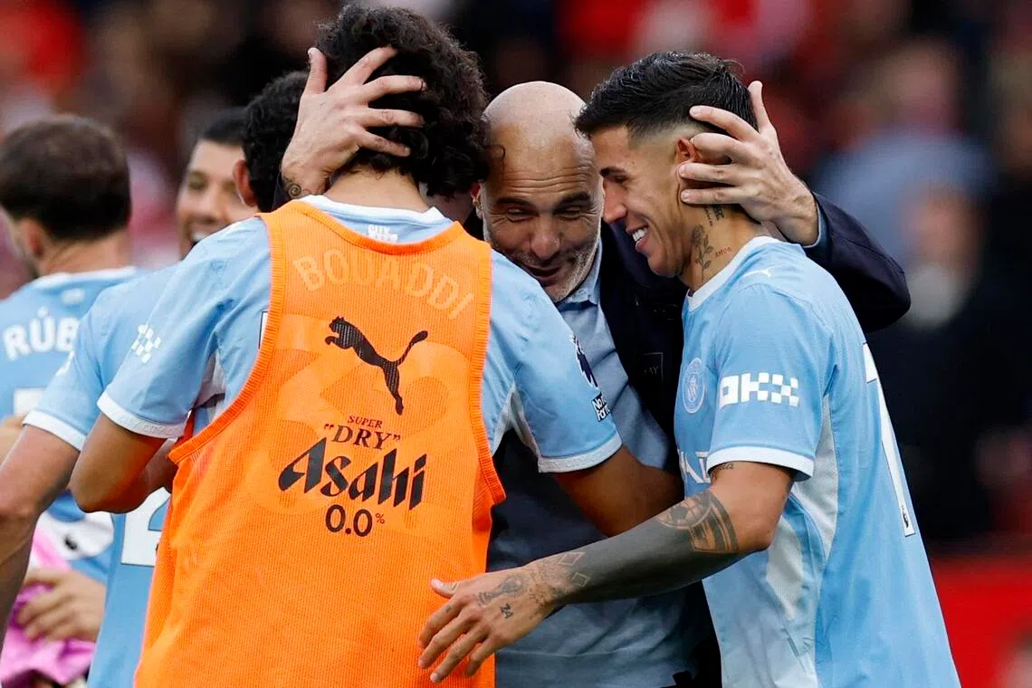 Manchester City manager Enzo Maresca celebrates with Ayyoub Bouaddi and Enzo Fernandez after the match.