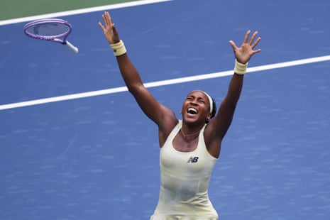 Coco Gauff celebrates after defeating Mirra Andreeva in their US Open quarter-final at Flushing Meadows in New York on Wednesday.