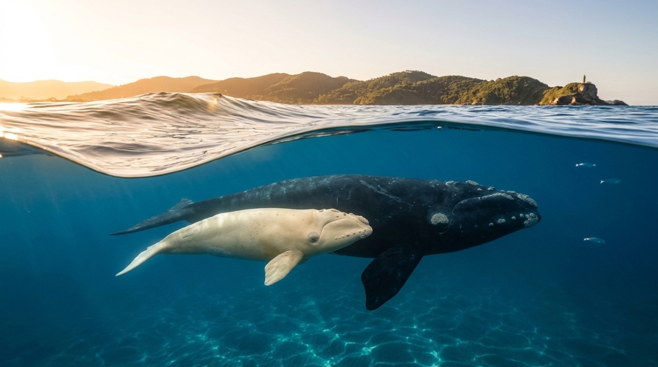 A baleia franca que foi libertada de cordas de pesca no litoral brasileiro reapareceu na temporada seguinte acompanhada de um filhote
