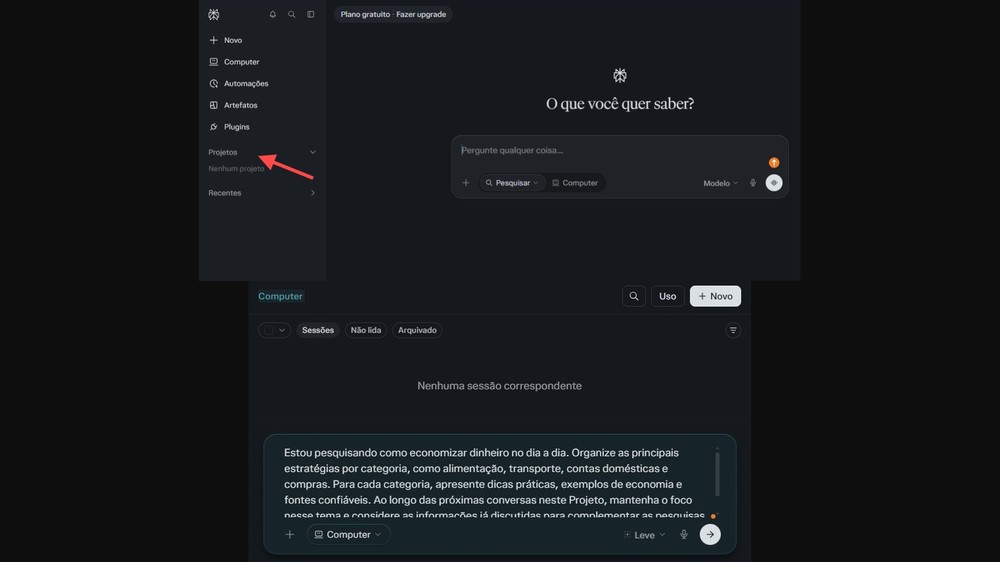 Na aba 'Projetos' o usuário pode organizar ideias que ficam salvas mesmo após outras sessões de conversa — Foto: Diedrich Bader/TechTudo