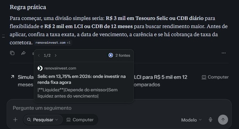 É possível conferir a ligação da fonte com o trecho da resposta diretamente no chatbot — Foto: Diedrich Bader/TechTudo