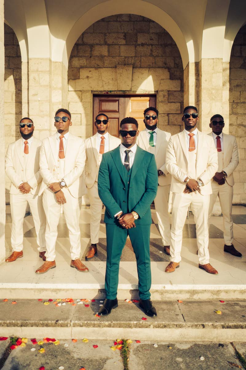 Damoy Rowe (centre), surrounded by his groomsmen (from left) Leighon Morris, Daniel Thompson, Tavin Johnson; best man Michael Walters, Malchiel Brown and Jahnoi Stewart.
