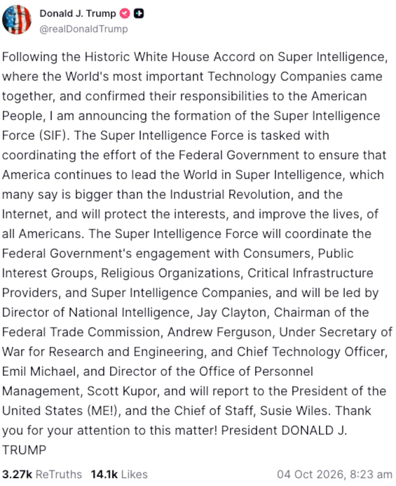 US President Donald Trump posted this message on Truth Social on October 4, 2026.