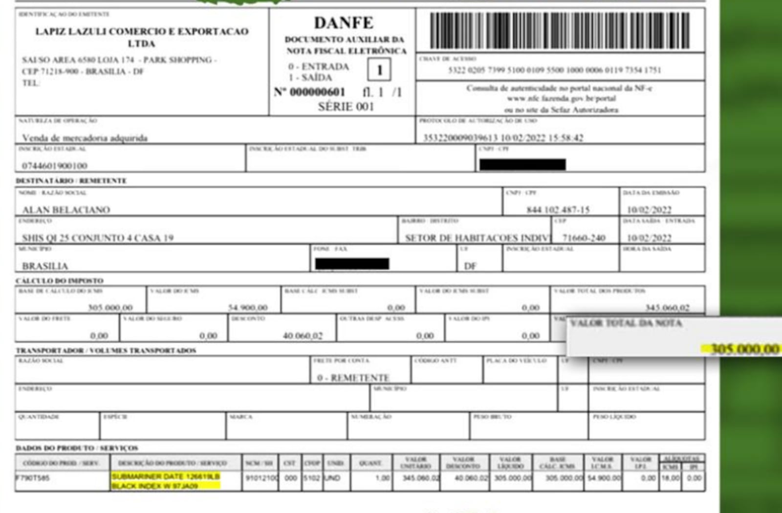 Nota fiscal do Rolex está em nome do advogado Alan Belaciano Reprodução