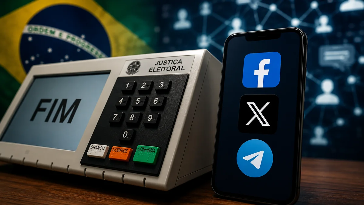 Urna eletrônica ao lado de celular com apps de redes sociais