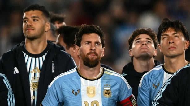 Argentina's forward #10 Lionel Messi and teammates watch a tribute after the international friendly football match between Argentina and Benin at the Mas Monumental stadium in Buenos Aires on October 6, 2026. (Photo by Luis ROBAYO / AFP)