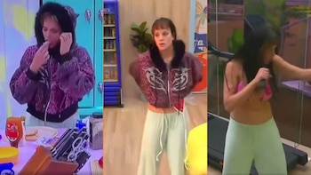 Composición de tres imágenes de una mujer con sudadera estampada comiendo en una cocina, de pie y cantando con un micrófono