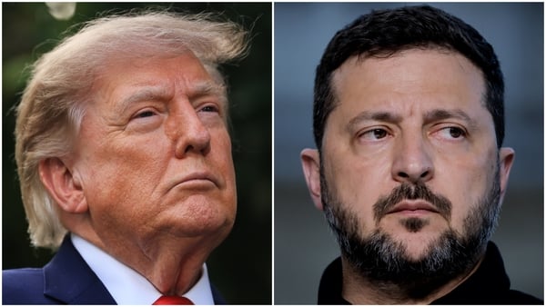Donald Trump in one half and Volodymyr Zelensky in the other