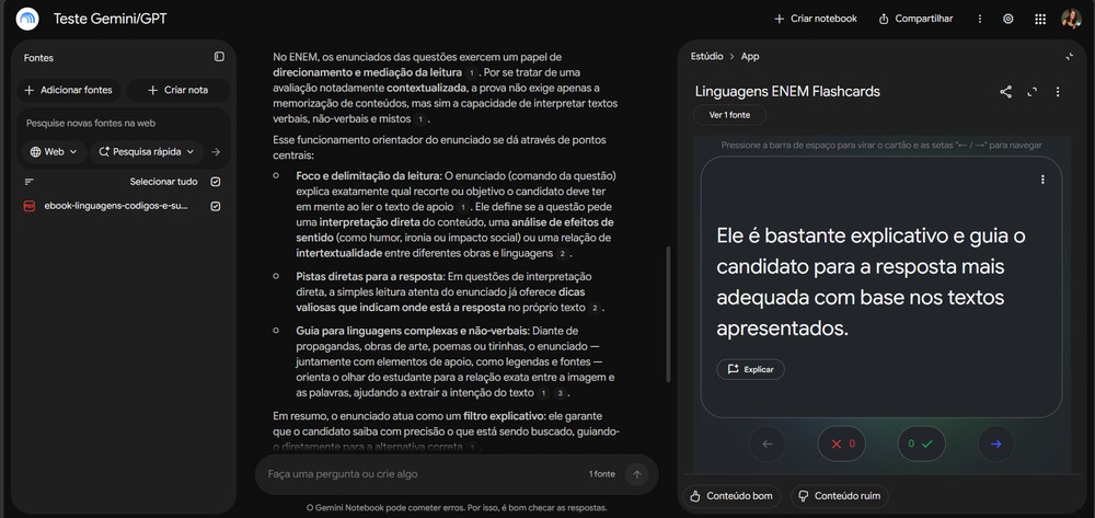 Explicação sobre cartão didático gerado pelo Gemini Notebook — Foto: Reprodução/Erika Martins