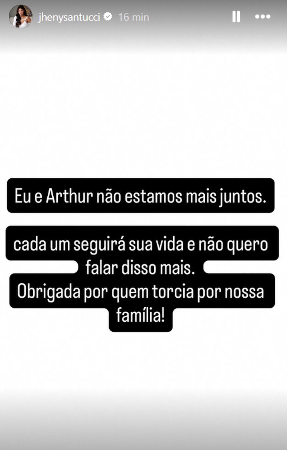 Jheny Santucci anuncia separação de Arthur Aguiar — Foto: Reprodução/Instagram