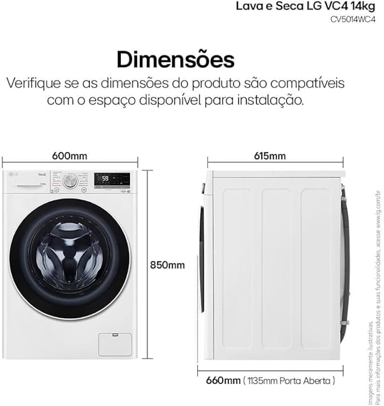 LG ｜ Lava e Seca LG Smart VC4 14 kg Branca com Inteligência Artificial AIDD ｜ CV5014WC4A